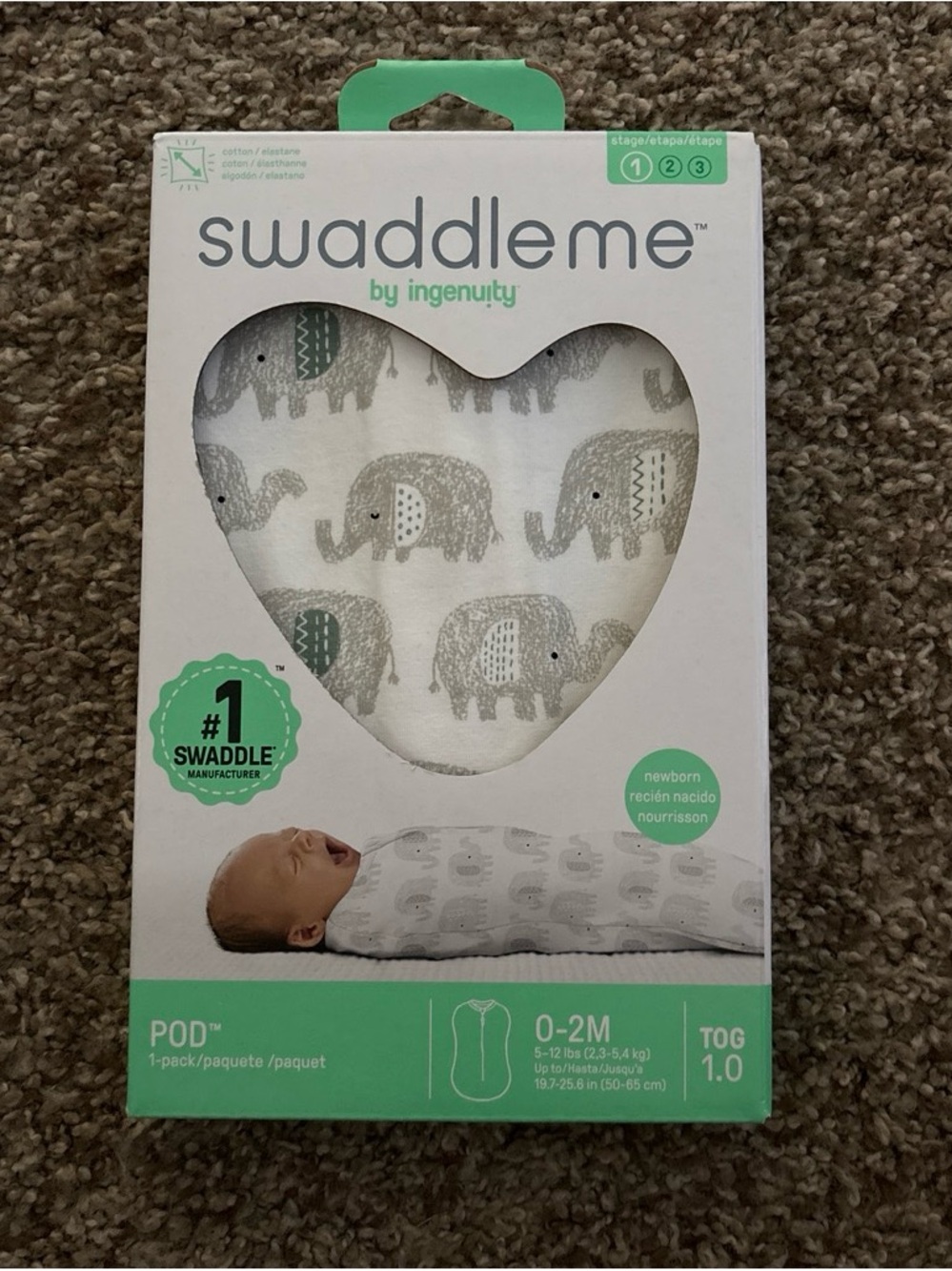SwaddleMe Newborn Pod with Gray Elephant Print - White and Gray